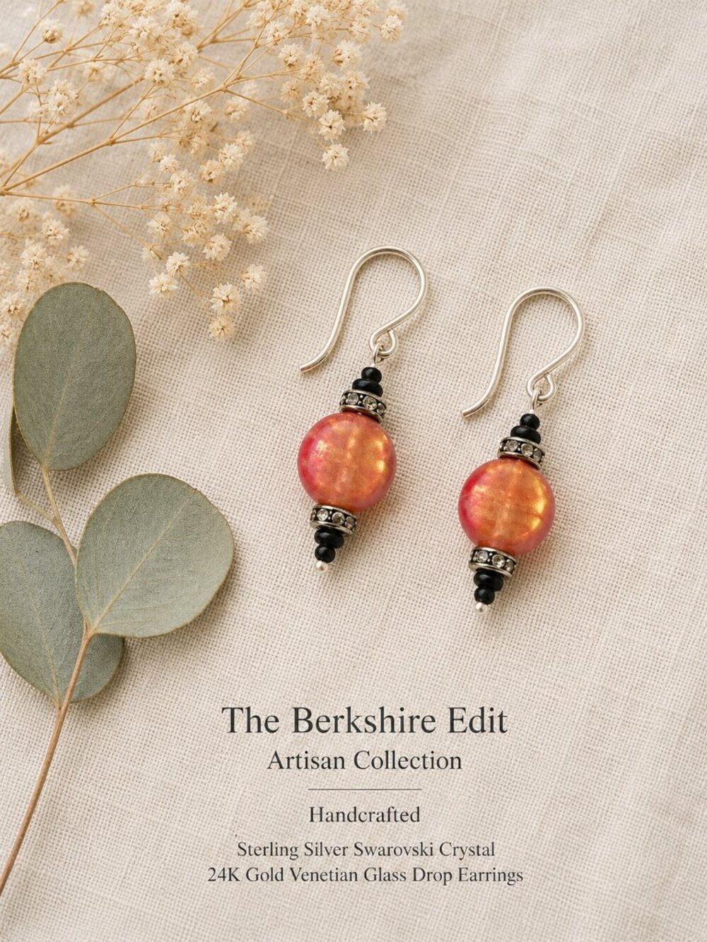 Artisan Sterling Silver Swarovski Crystal 24K Gold Lined Venetian Glass Earrings